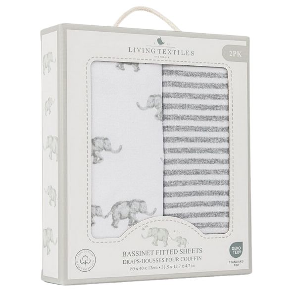 Living Textiles Jersey Bassinet Fitted Sheets 2pk Watercolour Elephant