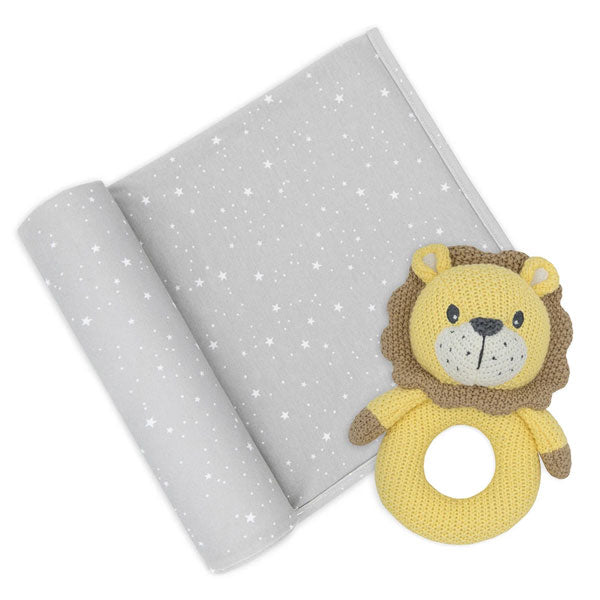Living Textiles Whimsical Jersey Swaddle & Rattle Set Stars/Lion