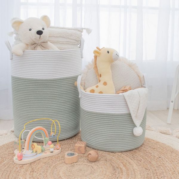 Living Textiles Medium Cotton Rope Hamper Sage/White