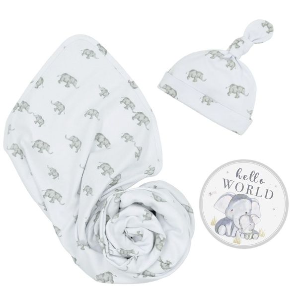 Living Textiles Hello World Newborn Gift Set Watercolour Elephant