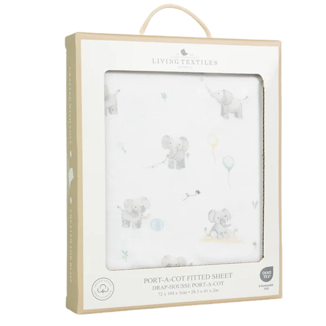Living Textiles Port-a-Cot Fitted Sheet 1pk Elephant Playtime