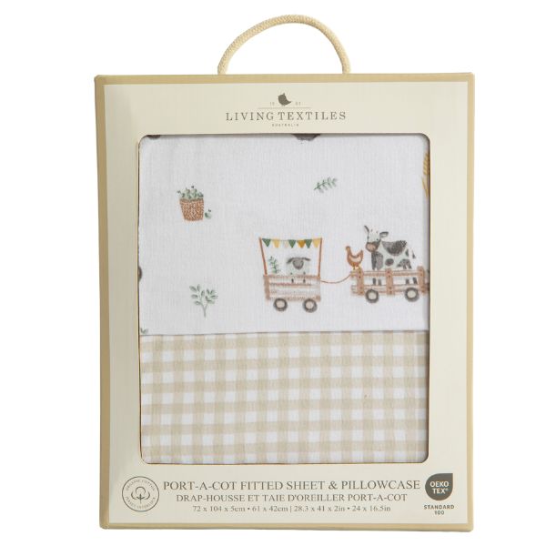 Living Textiles Port-a-Cot Fitted Sheet & Pillowcase Set Tractor Ride