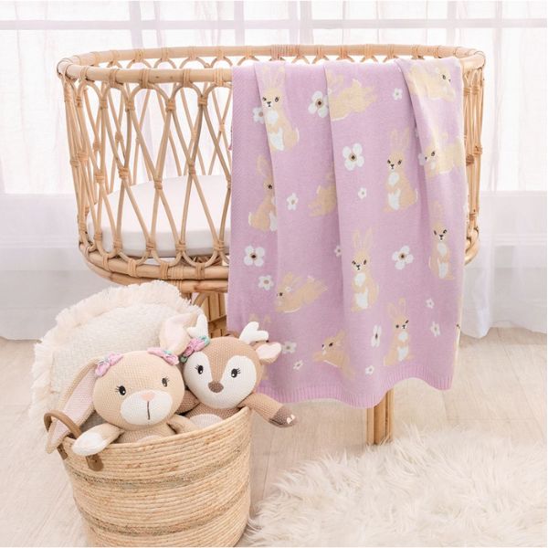 Living Textiles 100% Cotton Whimsical Bunny Baby Blanket Lilac