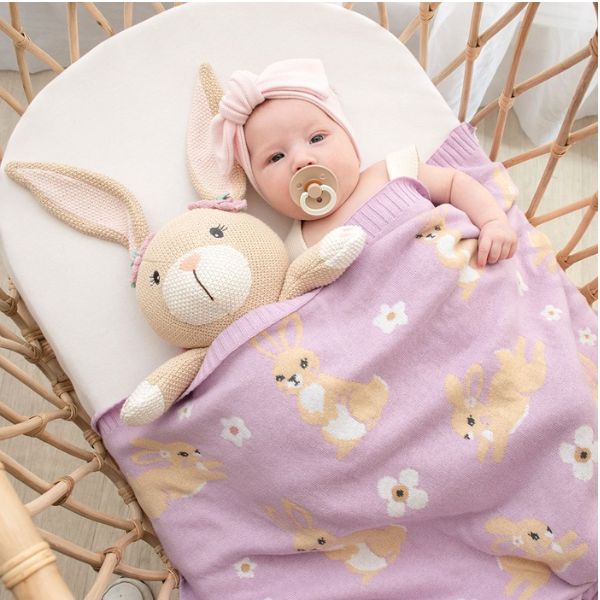 Living Textiles 100% Cotton Whimsical Bunny Baby Blanket Lilac