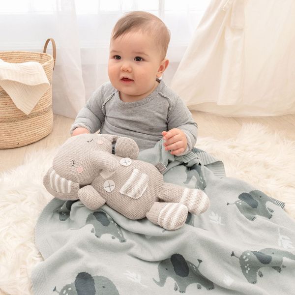 Living Textiles 100% Cotton Whimsical Elephant Baby Blanket Grey