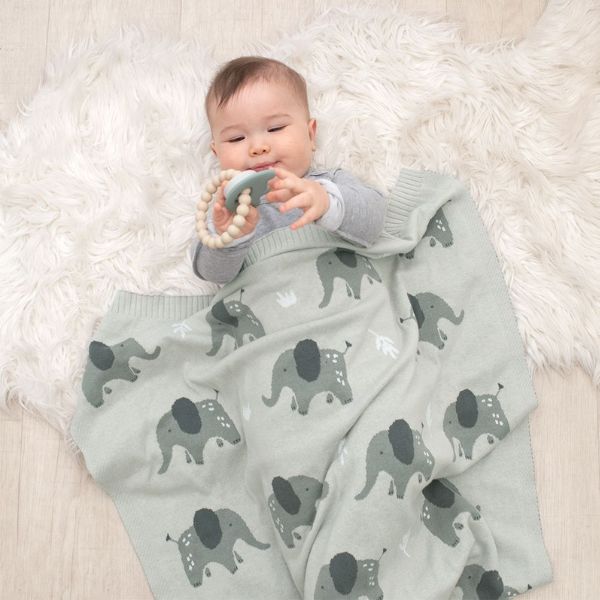 Living Textiles 100% Cotton Whimsical Elephant Baby Blanket Grey