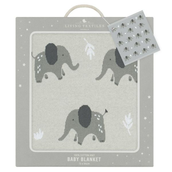 Living Textiles 100% Cotton Whimsical Elephant Baby Blanket Grey