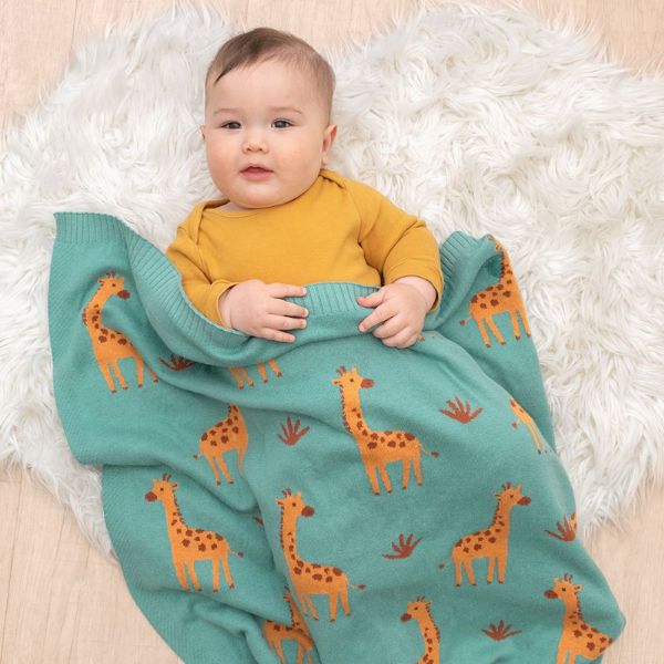 Living Textiles 100% Cotton Whimsical Giraffe Baby Blanket Sage