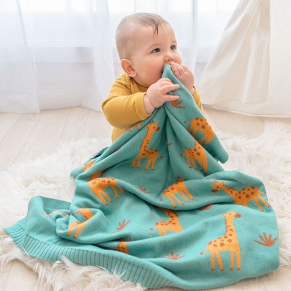Living Textiles 100% Cotton Whimsical Giraffe Baby Blanket Sage