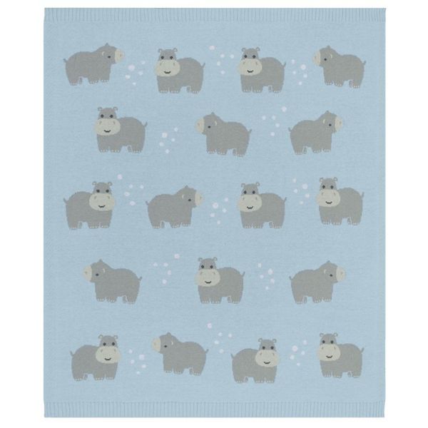 Living Textiles 100% Cotton Whimsical Hippo Baby Blanket Blue