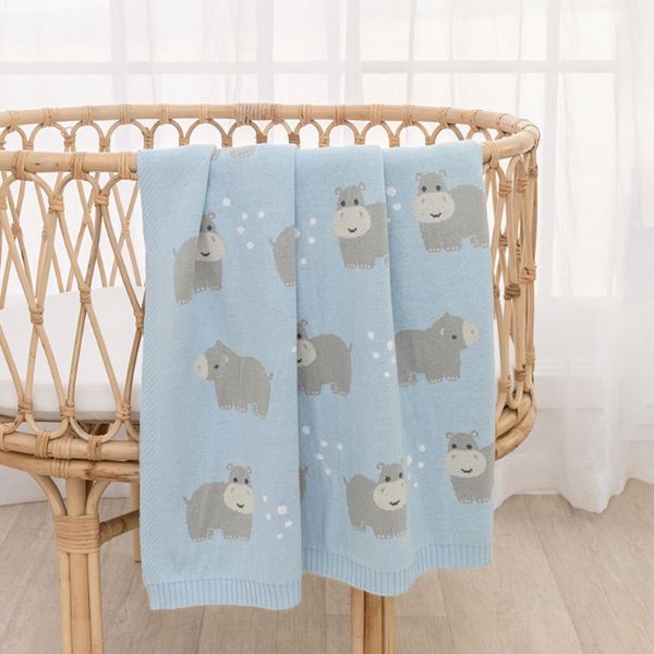 Living Textiles 100% Cotton Whimsical Hippo Baby Blanket Blue