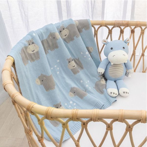 Living Textiles 100% Cotton Whimsical Hippo Baby Blanket Blue