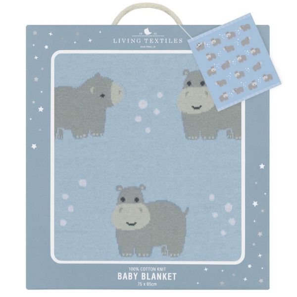 Living Textiles 100% Cotton Whimsical Hippo Baby Blanket Blue