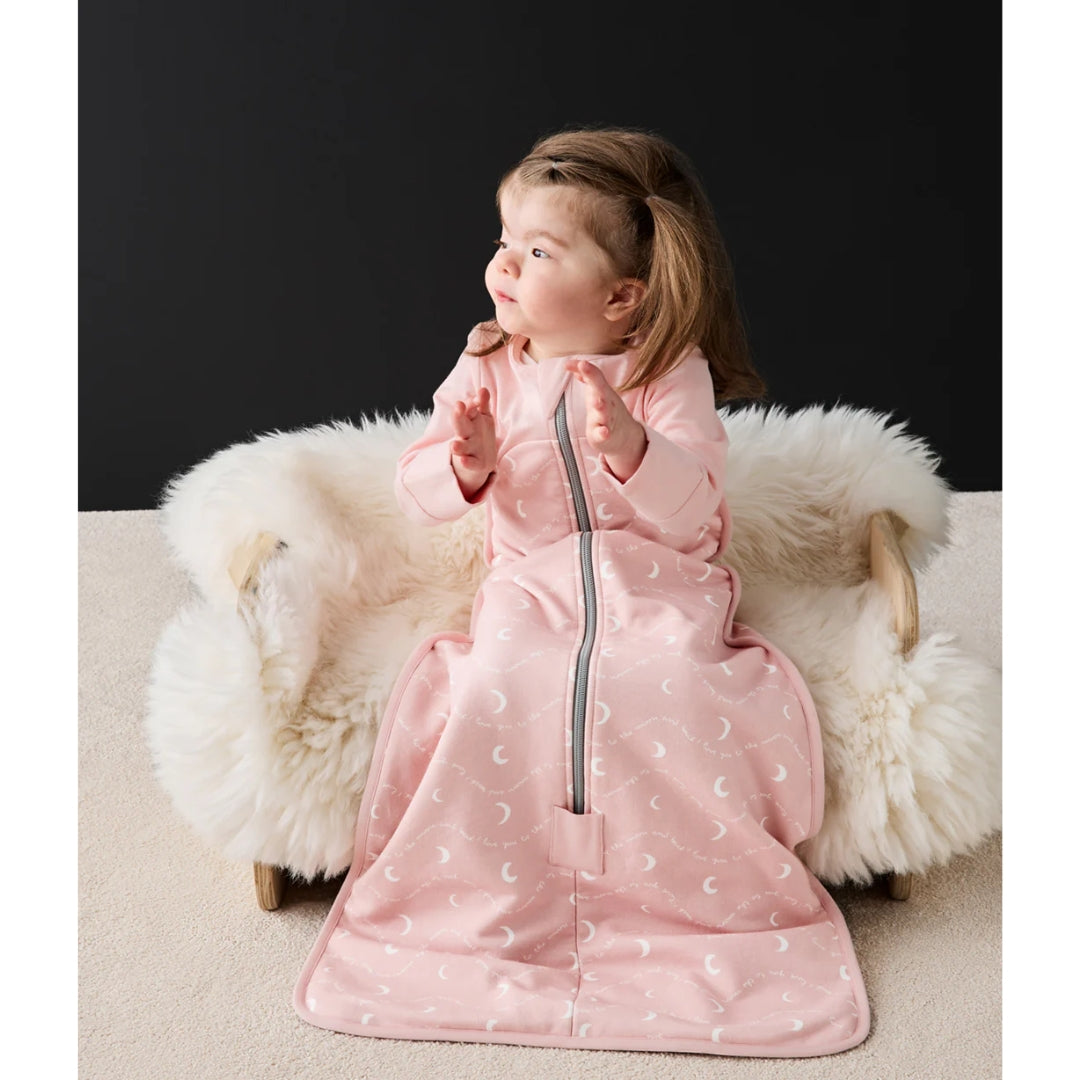 Love to Dream Sleep Bag Long Sleeve Stretch Cotton Fleece 1.5Tog Moon & Back Dusty Pink 18-36m