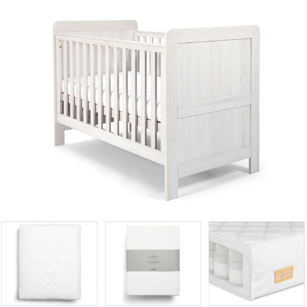 Mamas & Papas Atlas 4 piece set with Cot Bed, Mattress, Fitted Sheets and Mattress Protector - White