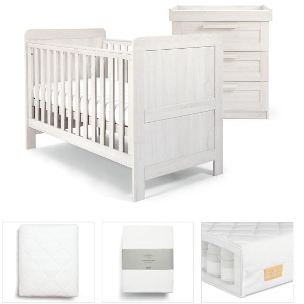 Mamas & Papas Atlas 5 piece set with Cot Bed, Dresser Changer, Mattress, Fitted Sheets and Mattress Protector - White