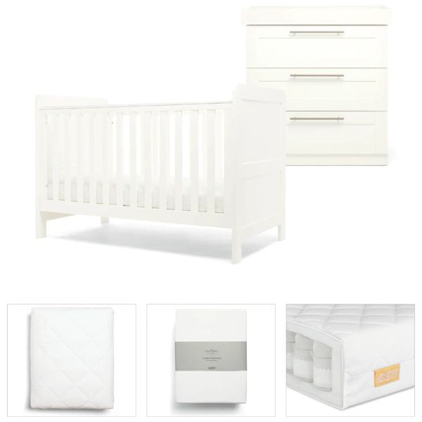 Mamas & Papas Hampden 5 piece set with Cot Bed, Dresser Changer, Mattress, Fitted Sheets & Mattress Protector - White