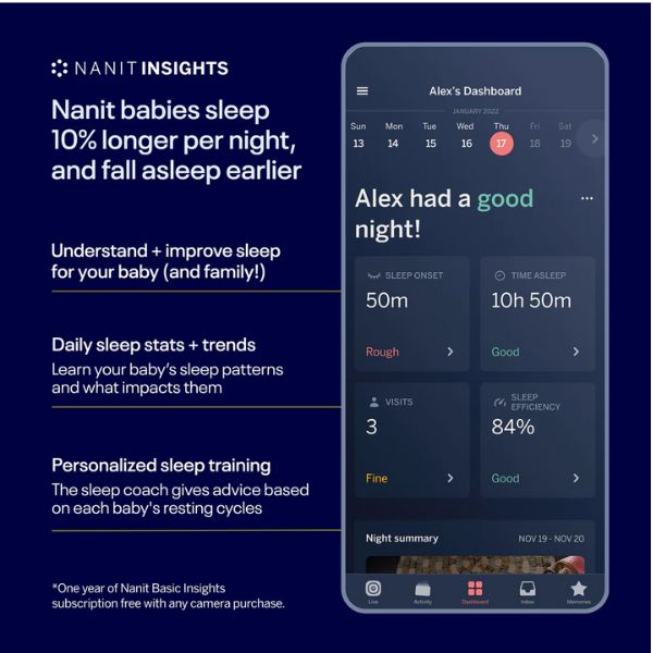 Nanit Pro Baby Monitor & Wall Mount Black + Multi Stand White + Breathing Wear Band Small