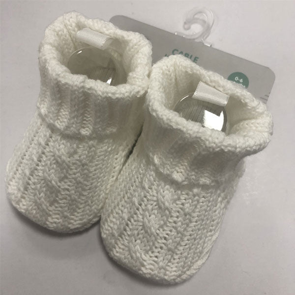 Playette Cable Knitted Booties White 0-6M