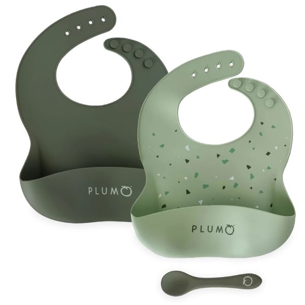 PLUM Silicone Bibs and Spoon Set 3pc Olive/Pesto