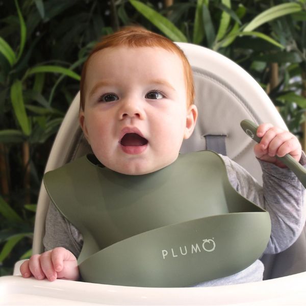 PLUM Silicone Bibs and Spoon Set 3pc Olive/Pesto