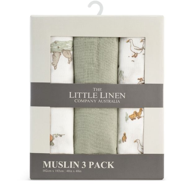 The Little Linen Company Muslin Wraps 3pk Farmyard Lamb