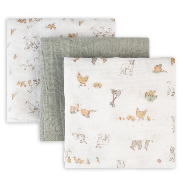 The Little Linen Company Muslin Wraps 3pk Farmyard Lamb