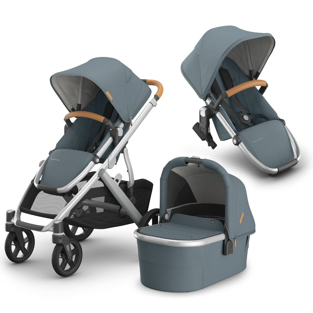 UPPAbaby Vista V3 Pram with Bassinet CALLUM (Stone Blue/Silver Frame/Sand Leather) + Rumble Seat V3