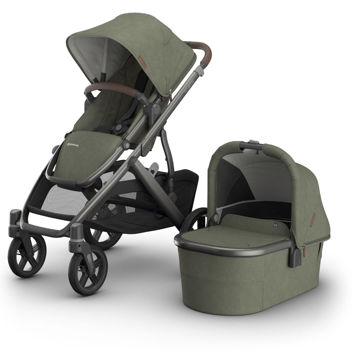 UPPAbaby Vista V3 Pram with Bassinet EVELYN (Meadow Green/Graphite Frame/Chestnut Leather) + Rumble Seat V3