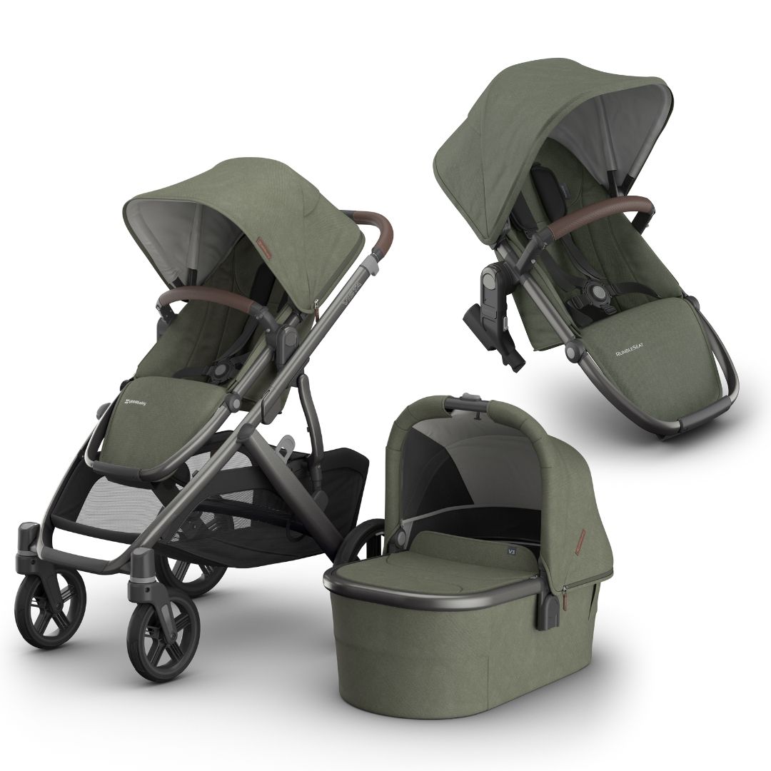 UPPAbaby Vista V3 Pram with Bassinet EVELYN (Meadow Green/Graphite Frame/Chestnut Leather) + Rumble Seat V3