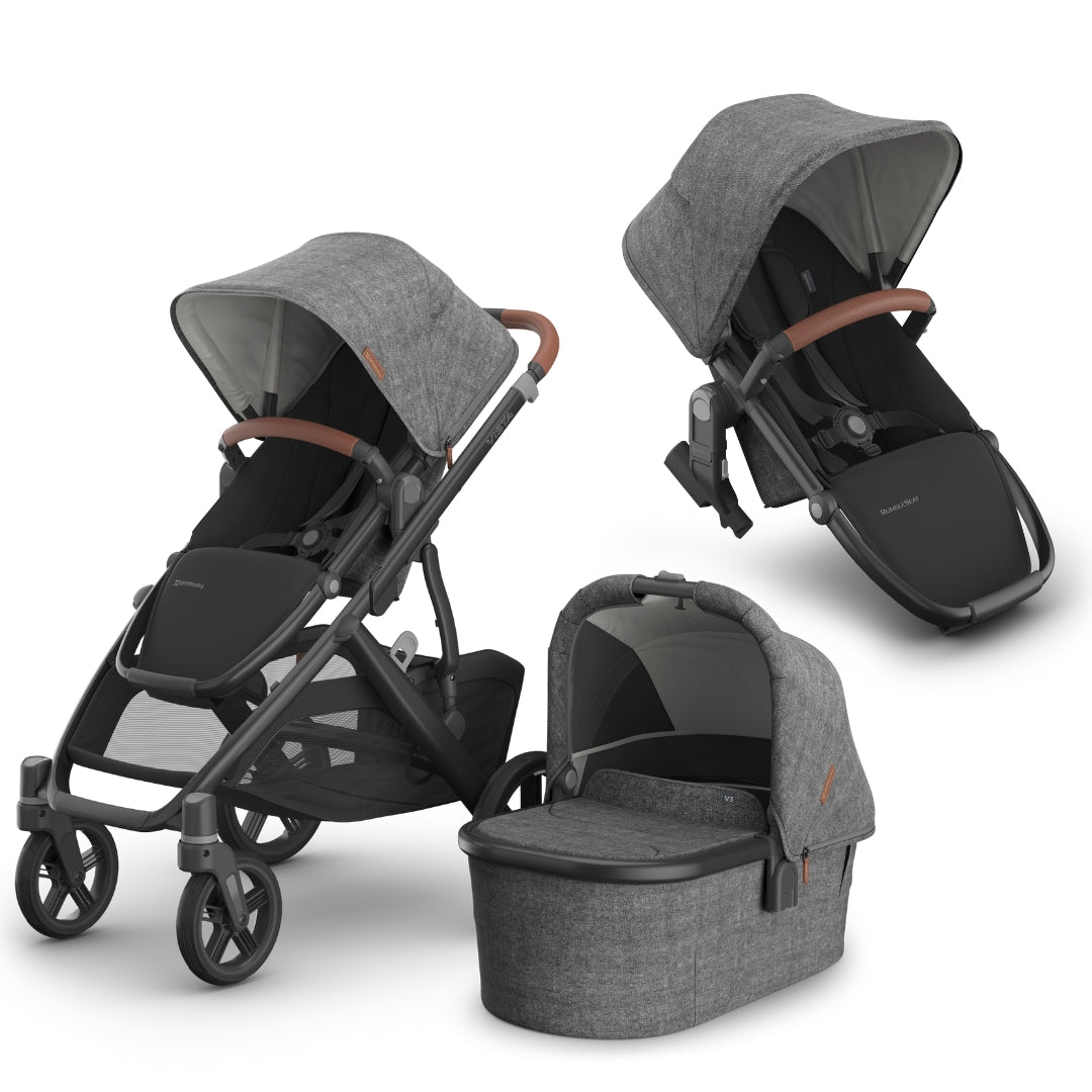 UPPAbaby Vista V3 Pram with Bassinet GREYSON (Charcoal Mélange/Carbon Frame/Saddle Leather) + Rumble Seat V3
