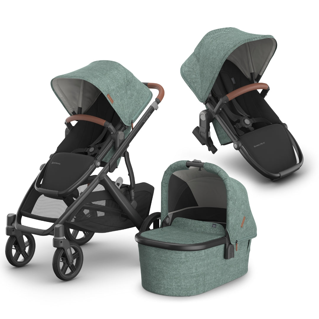 UPPAbaby Vista V3 Pram with Bassinet GWEN (Green Melange/Carbon Frame/Saddle Leather) + Rumble Seat V3