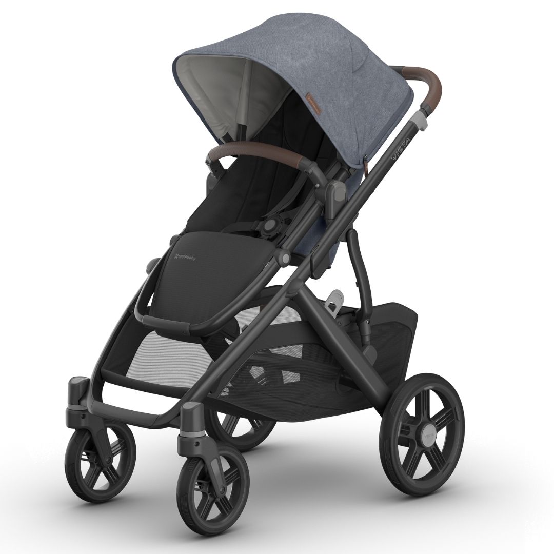 UPPAbaby Vista V3 Pram with Bassinet JULIAN (Dusty Blue Melange/Carbon Frame/Chestnut Leather) + Rumble Seat V3