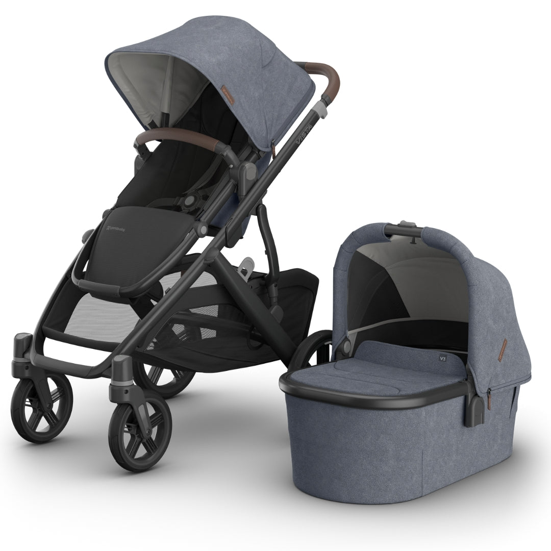 UPPAbaby Vista V3 Pram with Bassinet JULIAN (Dusty Blue Melange/Carbon Frame/Chestnut Leather)