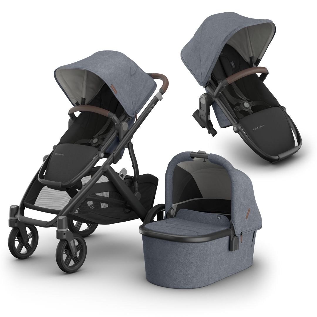 UPPAbaby Vista V3 Pram with Bassinet JULIAN (Dusty Blue Melange/Carbon Frame/Chestnut Leather) + Rumble Seat V3